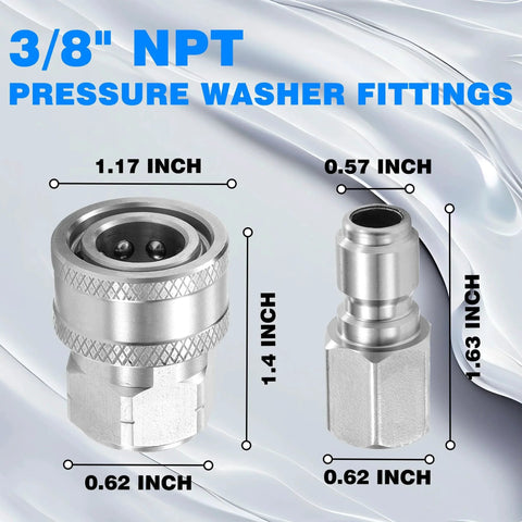 Three Eighths Inch NPT Pressure Washer Adapter Set With 12 Piece Stainless Steel Internal Thread Quick Connectors For 5000 PSI TasuoX Heavy Duty Quick Connect Hose Fittings Kit Featuring Three Eighths NPT Female And Male Connections showing size dimensions.