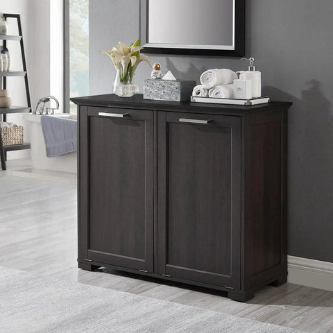 Tilt Out Trash Cabinet Wooden With Double Door 2x10 Gallons Capacity Espresso Finish And Black Top Panel Hidden Trash Can For Odor Control No Fuss Deodorizing With Negative Ions Kitchen Organization
