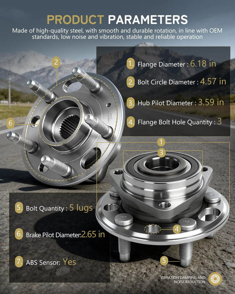 Front And Rear Wheel Hub And Bearing Assembly Pair For Chevy Equinox, GMC Terrain, Malibu, And Impala 5 Lug with specifications