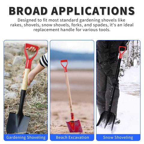 Image of a two pack red D shaped PVC shovel handle grips for plastic spades replacement snow shovel garden tool in use on various tools.