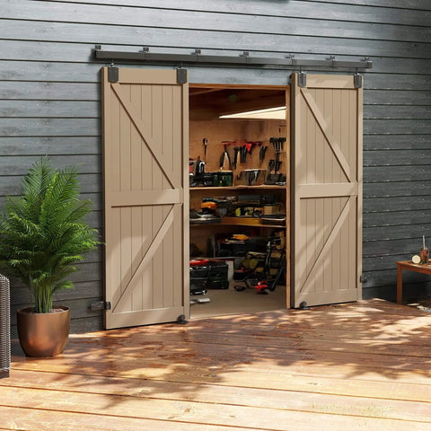 Installed 12 Ft Box Rail Exterior Barn Door Hardware Kit For Two Doors Built Tough Heavy Duty Sliding Track System Wall Mount Kit