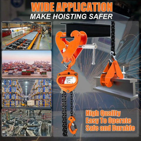 Heavy Duty Beam Clamp 2 Ton Lifting Tool With 3 To 9 Inch Opening For Beams shown in use on steel beam with hoisting chain