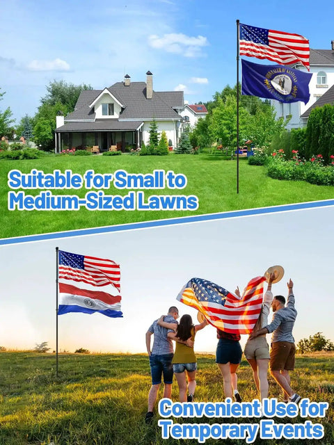10 Ft In Ground Flag Poles Kit For Double Flag Display With Sturdy 5 Prong Base Windproof Ground Flag Poles For Residential Lawn Or Yard, scenes showing home landscaping and event use