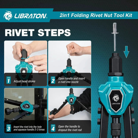 Instruction steps for using the Two In One Rivet Nut Tool And Rivet Gun Kit Folding Heavy Duty Hand Tool with 11 Mandrels and 5 Nose Pieces.