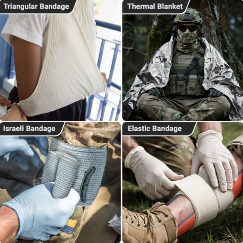 Collage of first aid gear: triangular bandage, thermal blanket, Israeli bandage application, and elastic bandage in use