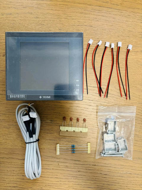 All In One 4 Inch Plc Hmi With 12 Input And 8 Relay Output Built In 2Ad And 2Da And 2 NTC10K Temperature Sensors High Speed 100KHz X0 X1 And Y0 Y1 Pulse Outputs 5V Pulse Not 24V FX1S20MR Compatible Industrial Control Made Easy, cables, connectors, and accessories on a wooden surface
