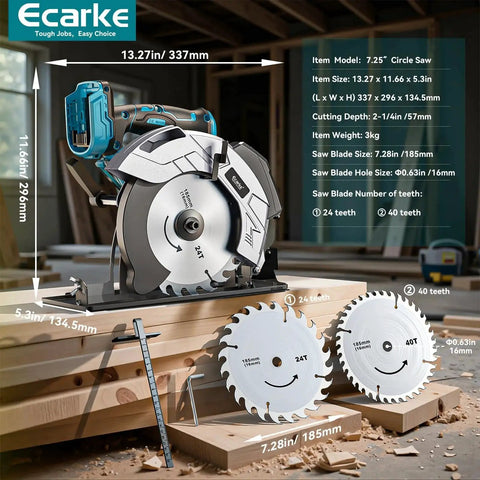 Cordless Circular Saw With Laser Guide By Ecarke For Makita 18V Batteries Bare Tool displayed with dimensions and blades.
