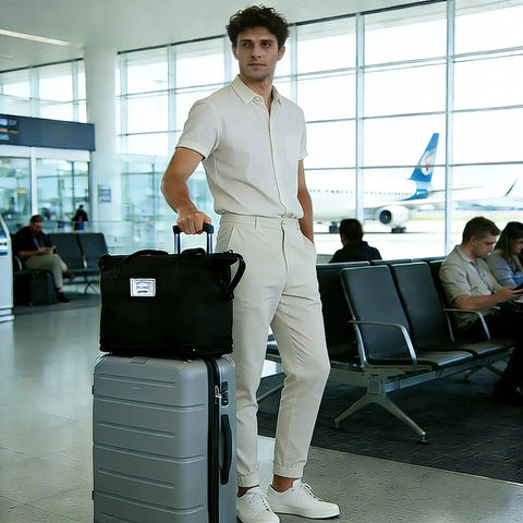 Person in white outfit standing at airport with grey suitcase and black bag, suitable for Expandable Rolling Duffle Bag With Wheels 22 To 42 Liter Capacity Foldable Luggage For Travel And Weekend Getaways Lightweight Wheeled Duffle For Gym Camping And Business Trips Ideal For Airlines And Road Trips.