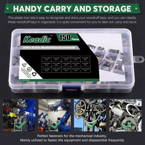 Woodruff Key Assortment Pack 150 Pcs In 15 Metric Sizes Carbon Steel Half Moon Keys in clear plastic storage box