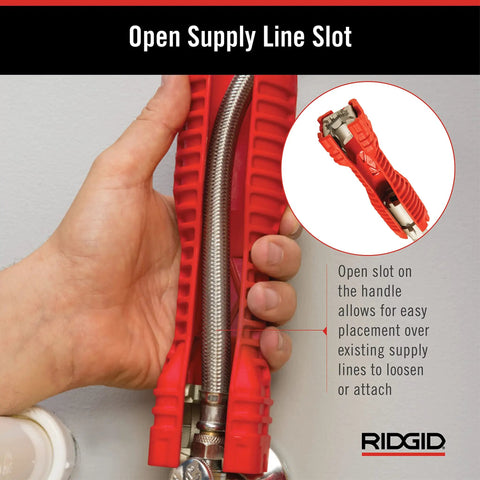 No Fuss Under Sink Faucet Install And Removal Wrench With 6 Sided Cube Insert in use on a supply line, showing open slot feature.