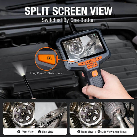 Dual Lens Endoscope With Light for Home and Auto Fixes, 4.3 Inch HD screen showing engine view on flexible cable probe.