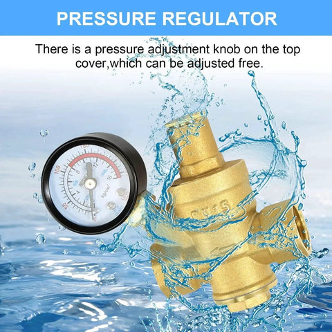 Half Inch Water Pressure Regulator Valve With Gauge For Home Plumbing, submerged in water displaying gauge and brass construction.