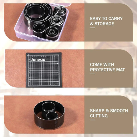 Leather Circle Cutter Tool Set With 31 Piece Circle Punches From 1mm To 55mm and protective mat, displayed on leather surface.