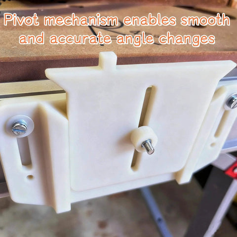 Adjustable Track Hinge For Track Saw Systems and MFT Style Workbenches close-up showing pivot mechanism for angle changes