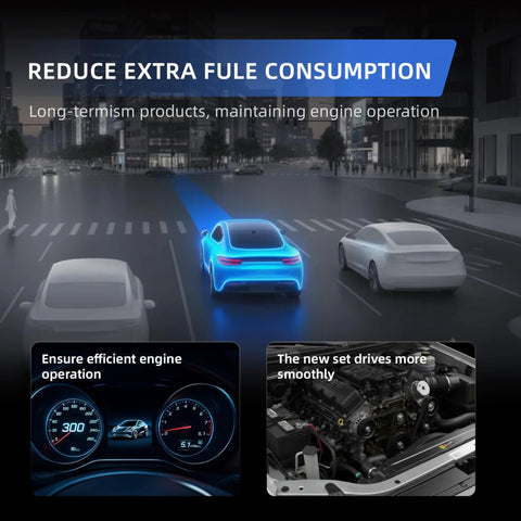 Illustration of a car on a city road with engine operation graphics, highlighting efficient fuel consumption and smooth driving.