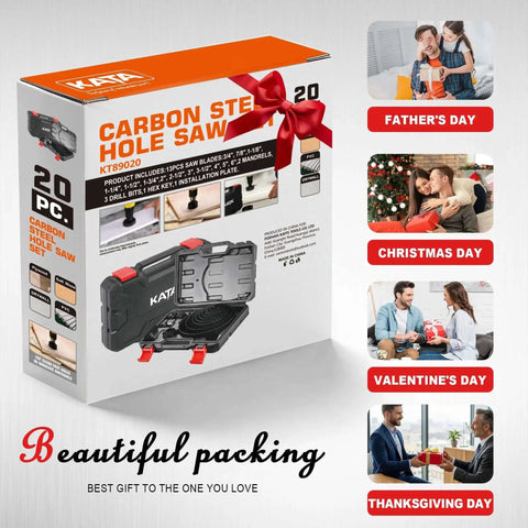Packaging of Pro-Grade Hole Saw Kit With 20 Pieces From 3/4 Inch To 6 Inch Holes, Precision Teeth, Quick-Change Mandrels, Solid Storage Case