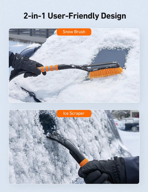 27 Inch Snow Brush With Detachable Ice Scraper And Ergonomic Foam Grip For Cars Trucks And SUVs Heavy Duty ABS PVC Bristle Brush Orange in use brushing snow off a car window.
