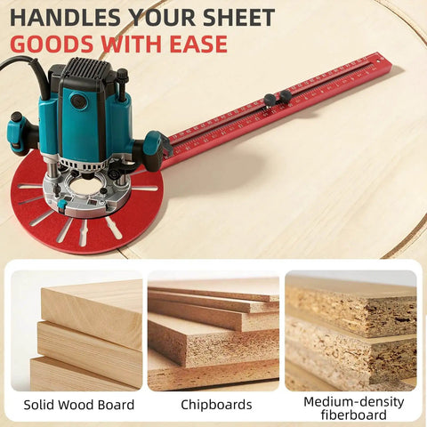 5 In 1 Router Circle Jig And Milling Groove Bracket installed on wooden surface with a router, aluminum guide, and red measurement ruler.