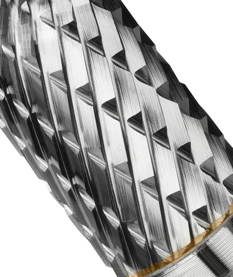 Close-up of Carbide Burr Set With One Quarter Inch Shank And Half Inch Dome End Cylinder Head For Die Grinders And Rotary Tools