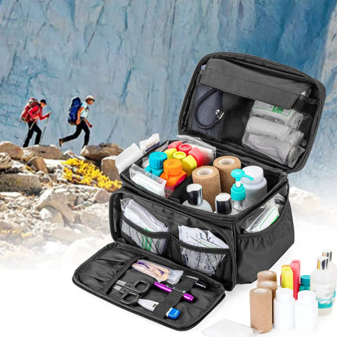 Durable 600D Nylon First Aid Kit Bag With Quick Access Top Mesh Pockets And Three Inner Pouches shown with medical items