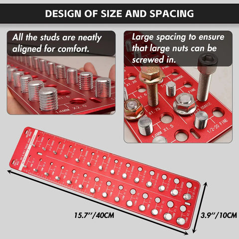 Nut And Bolt Thread Checker For Standard And Metric Thread Sizes Screw Size Identifier Gauge That Quickly Sorts Out Up To 28 Bolts And Nuts In Red By GIMYUAN showing size and spacing design.