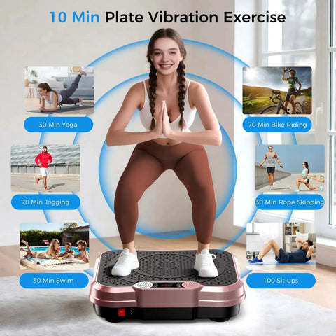 Woman exercising on Vibration Plate Exercise Machine For Full Body Workout And Fat Burning, 400 lbs capacity, rose gold design.