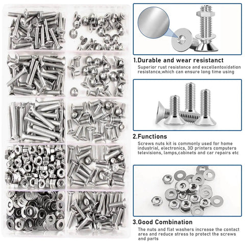 Ultimate M3 Countersunk Socket Cap Screws Set In 304 Stainless Steel, 500Pcs, showing screws, nuts, and washers in a kit