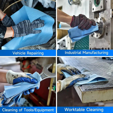 Heavy Duty Pro Grade Shop Towels Jumbo Roll With 475 Absorbent Blue Cloth Sheets used for cleaning in workshops.