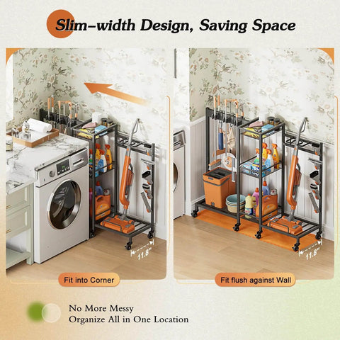 Three In One Broom Holder With Cleaning Supplies Organizer For Small Spaces Vacuum Stand And Mop Hang in laundry room corner