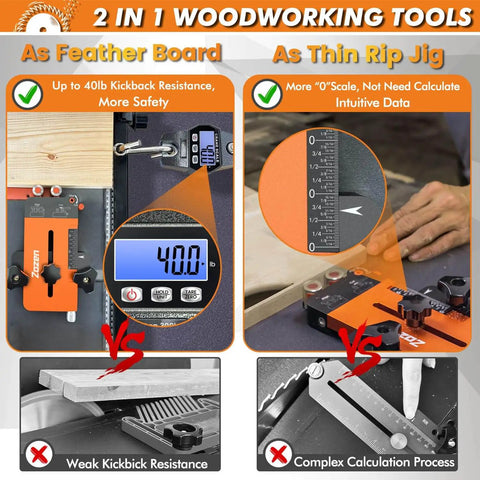 2 In 1 Woodworking Jig With Feather Boards For Table Saw Guide That Reduces Kickback And Lets You Run Repetitive Strip Cuts With Direct Data Readout And Quick Scale Fits Three Quarters By Three Eighths Inch Slots