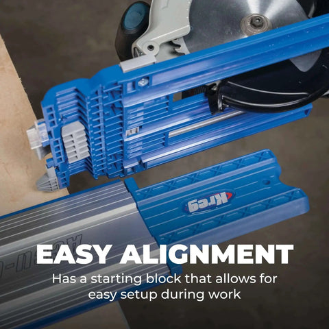 Accu Cut Circular Saw Track System By Kreg on a workbench showing edge-guided track and starting block for precise cuts.