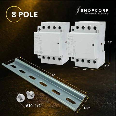 Image of 8 Pole Contactor Bundle with Dual 4 Pole NO AC Contactors 120V Coil, including mounting rail and screws.
