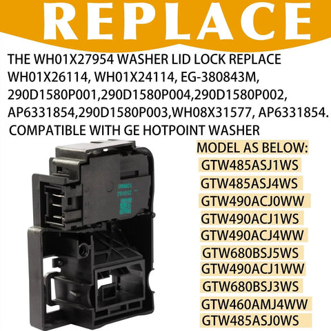 Front view of black plastic washer lid lock switch assembly with dual electrical terminals