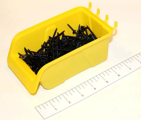 Yellow pegboard bin filled with black screws, part of Pegboard Bin Kit For Garage And Workshop Organization, 9 Durable Plastic Bins Sized 4 X 7 X 3 Inches.