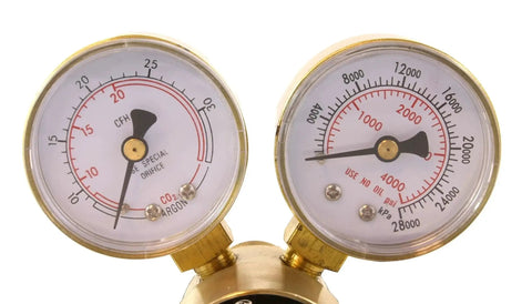 Close-up of dual gauges on Industrial Argon Regulator And Flowmeter For MIG And TIG Welders With 0 To 400 PSI Inlet By SÜA.
