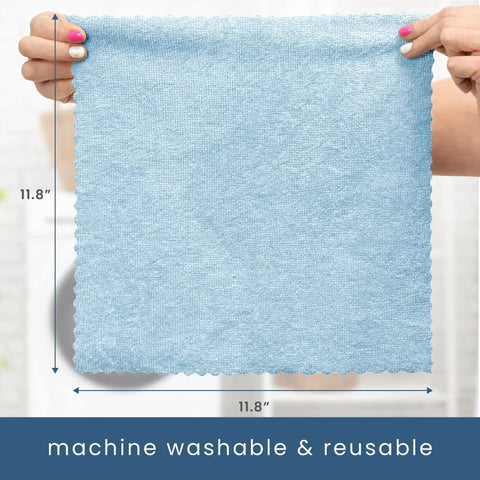 Hands holding a blue microfiber towel 11.8x11.8 inches. Machine washable and reusable. 50 Pack Microfiber Towels 11.8x11.8 In Lint-Free Reusable For Home And Car.