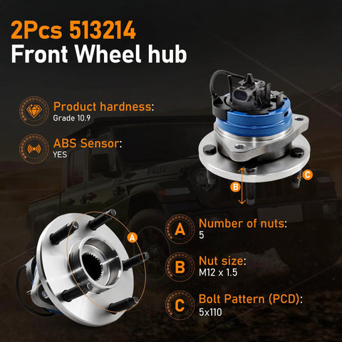 Front Wheel Hub Bearing Assembly 513214 5 Lug 2 Pack with ABS features and specifications diagram