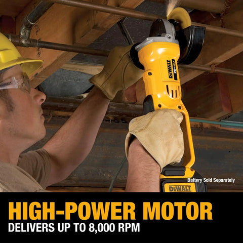 Worker using Cordless 4-1/2 Inch Angle Grinder With 8,000 RPM Motor, Quick-Change Wheel Release, Tool Free Guard, And 20V Max Power For Cutting, Grinding, And Prep Work From DEWALT DCG412B Tool Only on metal pipe.