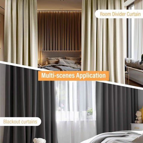 100 Percent Blackout Room Divider Curtains With Ceiling Track Set shown in bedroom and living room applications