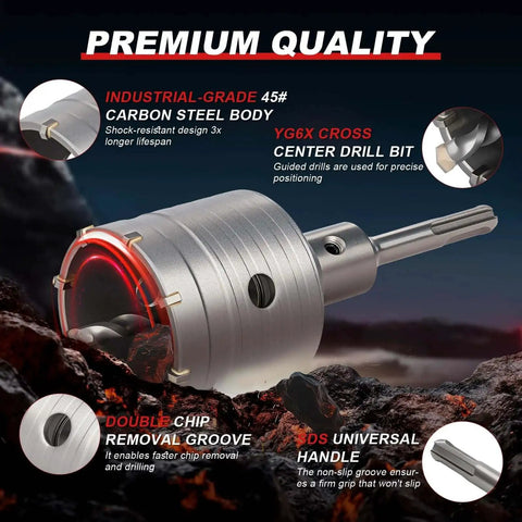Professional 2 Inch 50mm Concrete Hole Saw Set With SDS Plus Shank Adapters and Dust Bag, showing carbon steel body and components.