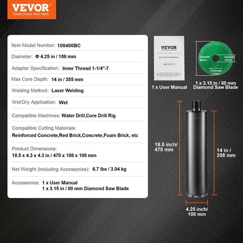 Beast Mode Diamond Core Drill Bit For Wet Concrete 4.25 Inch Diameter 14 Inch Depth Saw Blade Included 1-1/4 Inch 7 Inner Thread Laser Welded Construction For Tough Concrete And Brick VEVOR shown with specifications and accessories.