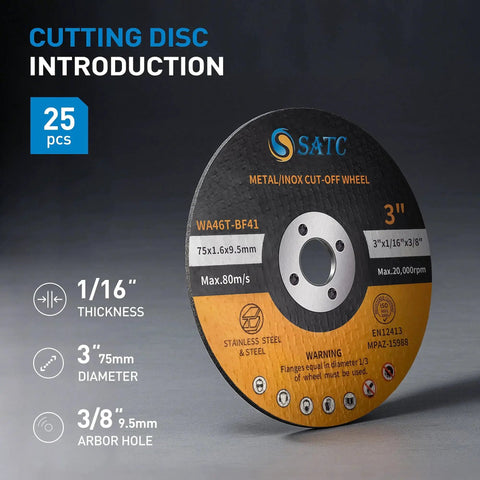 25 Pack 3 Inch Cut Off Wheels For Metal And Stainless Steel, 3 X 1/16 X 3/8 Inches, Aluminum Bonded, displayed with packaging details.