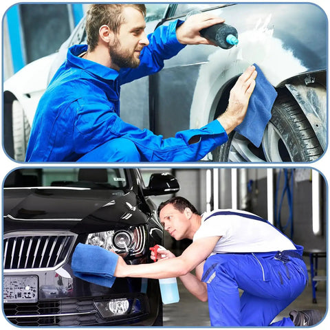 Two workers using Blue Surgical Huck Towels 100 Piece Bulk Set Pro Grade 24 By 17 Inch Cotton Cleaning Shop Towels on cars.
