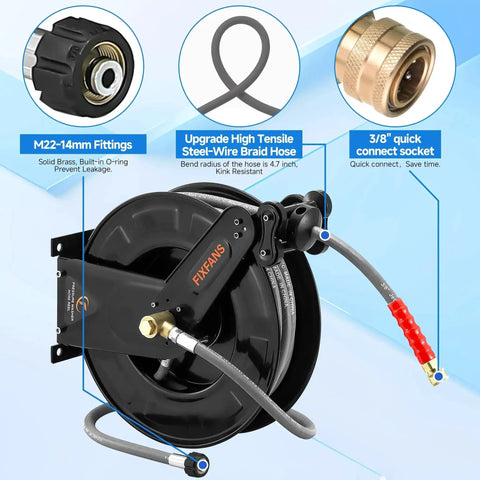 Pressure Washer Hose Reel With 50 Ft Three Eighths Inch Wire Braided Hose For Hot And Cold Water Auto Retractable Heavy Duty Reel 4000 PSI Black Ideal For Home DIY Garage Or Shop Use, showing brass fittings and 3/8" socket.