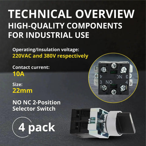 Technical overview of Rotary Switch With 2-Position Maintained Selector No NC Latching, 22mm Panel Mount, 220VAC 10A, 4-pack for industrial use