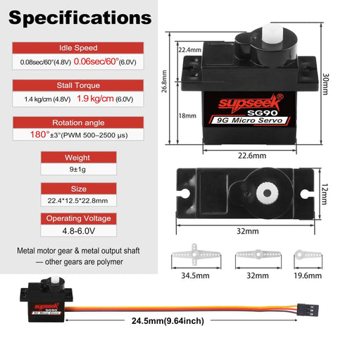 Specifications of Beefed Up 9g Micro Servo Motors With Metal Gear And Shaft Upgrade Pack showing torque, speed, dimensions.
