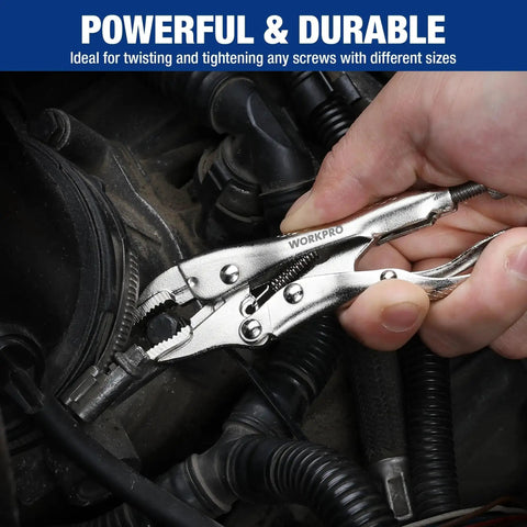 Mini 4 Inch Curved Jaw Locking Pliers With Wire Cutter Chrome Vanadium Steel Vise Grips For Clamping Twisting And Welding Jobs Heavy Duty Adjustable Locking Pliers Set in use on machinery cables