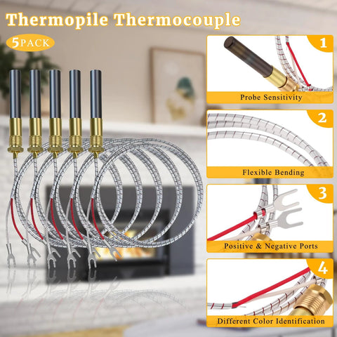 5-pack thermopile thermocouple for gas appliances, 36-inch stainless cables with black handles and brass connectors