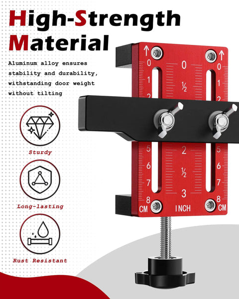 One Hand Hinge Installation Jig For Cabinet Doors A DIY Friendly Drilling Guide For Concealed Hinges shown in red metal adjustable tool