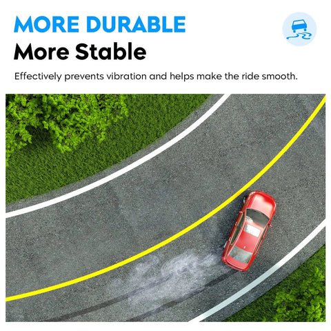 Top view of a red car driving smoothly on a curved road illustrating durability and stability benefits.